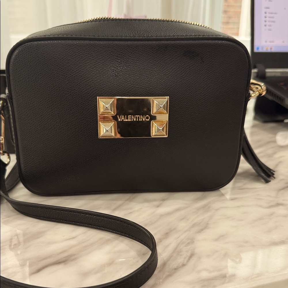 NWOT-Valentino Black Leather Crossbody with Gold Plaque($849 retail)